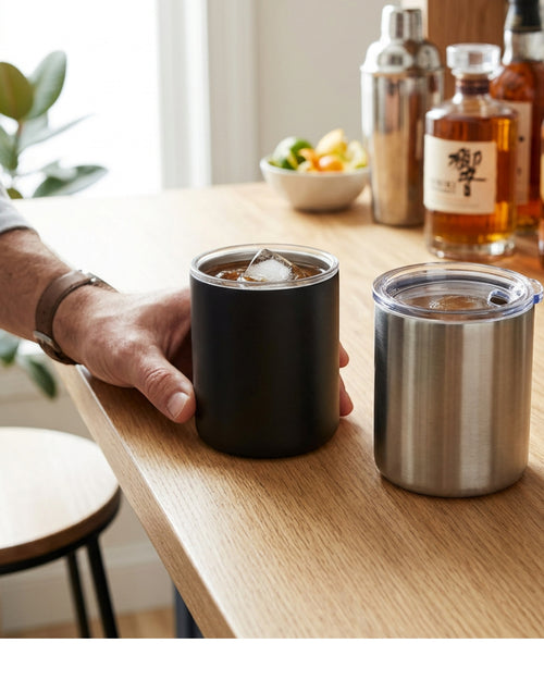 Modne Lowball Insulated Tumbler Set of 2 300 ml Black and Brushed Steel - Lifestyle view